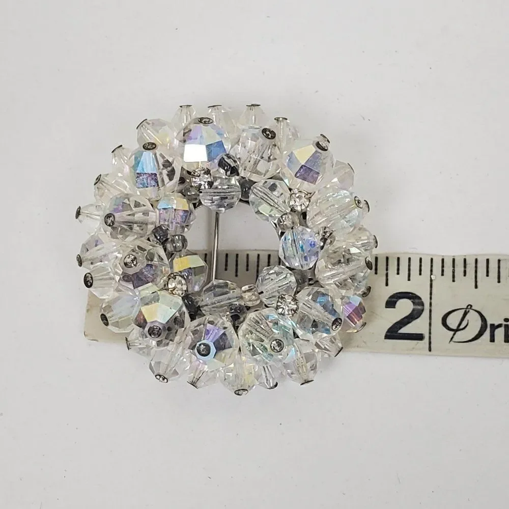 Vintage Aurora Borealis Clear AB Glass Beaded Cluster Wreath‎ Circle Brooch Pin